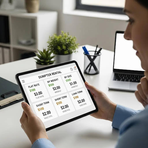 Manager comparing dumpster rental pricing on a tablet to optimize costs