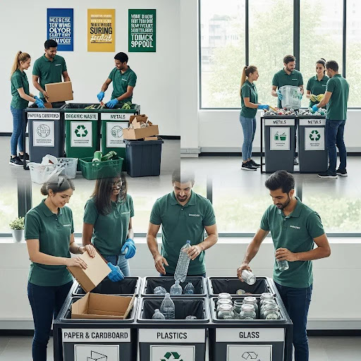 Employees separating recyclables and organics as part of a workplace sustainability initiative