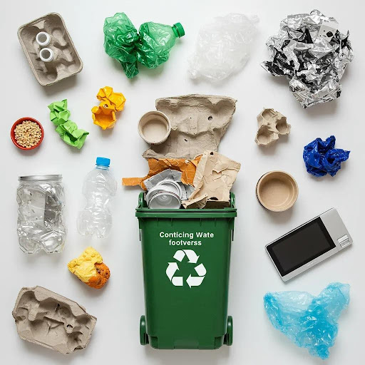 Common contaminants in business recycling including food waste, plastic bags, and electronic waste
