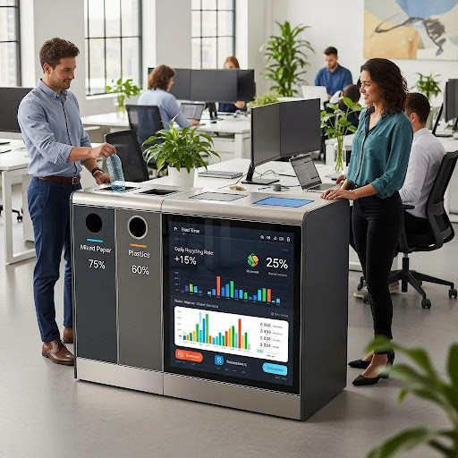 Smart office waste bin displaying a fill-level indicator to optimize collection routes