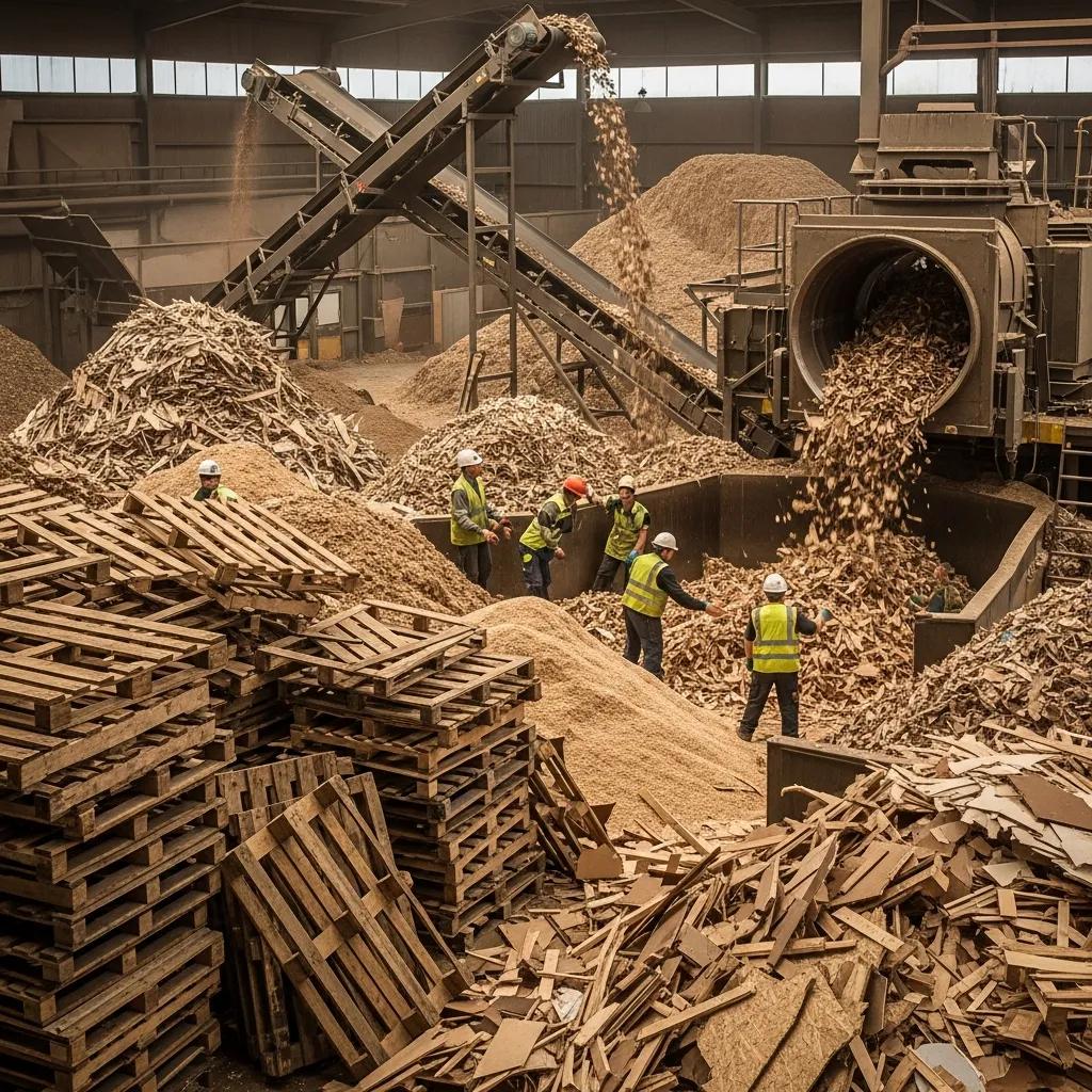 Diagram showing the industrial wood recycling workflow: collection, sorting, processing, and reporting
