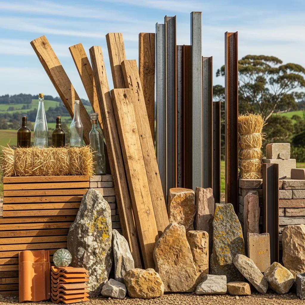 Stack of sustainable building materials sourced locally and from recycled stocks