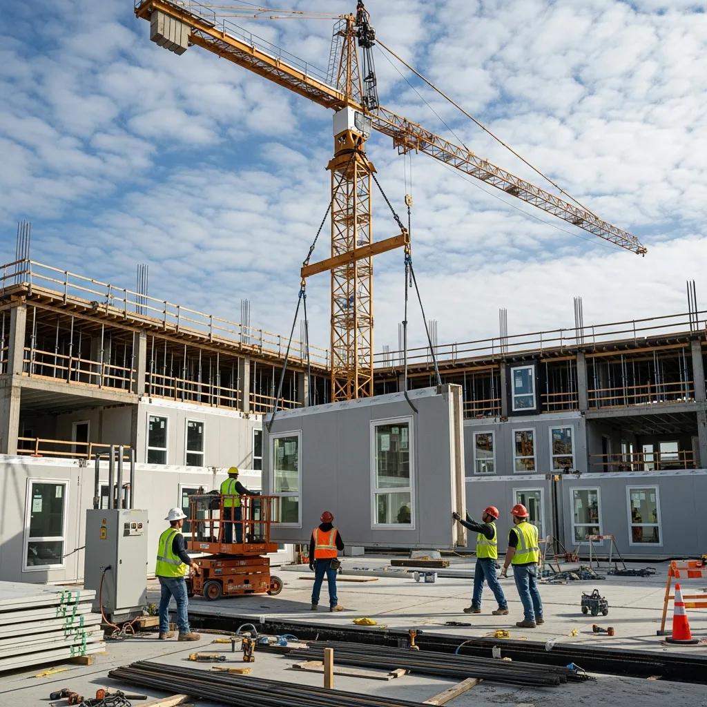 Workers assembling factory-built modular components to reduce on-site waste