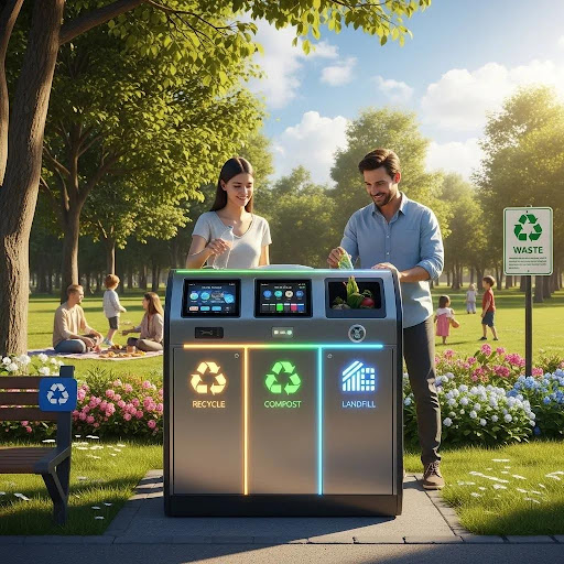 Park smart waste bin promoting recycling and sustainability