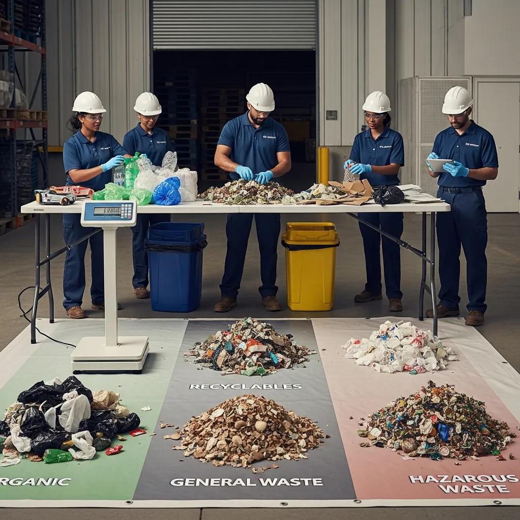 Team conducting a commercial waste audit and sorting materials