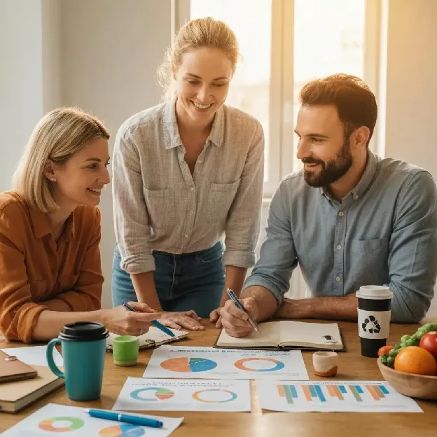 Small business team discussing cost-effective sustainable practices with green products