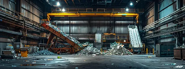 a modern recycling facility bustling with automated sorting machines categorizing construction debris into precise, gleaming sections of concrete, metals, plastics, and wood, all under vivid industrial lighting that highlights the advanced technology at work.