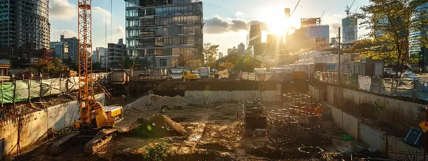 a modern construction site showcases innovative eco-friendly waste disposal methods, featuring sleek on-site deconstruction areas, advanced composting setups, and high-tech recycling stations, all set against an urban backdrop.