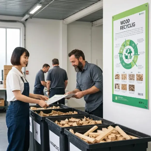 Team members meticulously sorting wood waste as part of a business recycling program, emphasizing operational efficiency