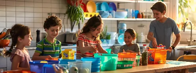 a vibrant kitchen scene showcases a family enthusiastically organizing a recycling station, surrounded by colorful reusable products and progress checklists prominently displayed, emphasizing their commitment to a plastic waste reduction routine.