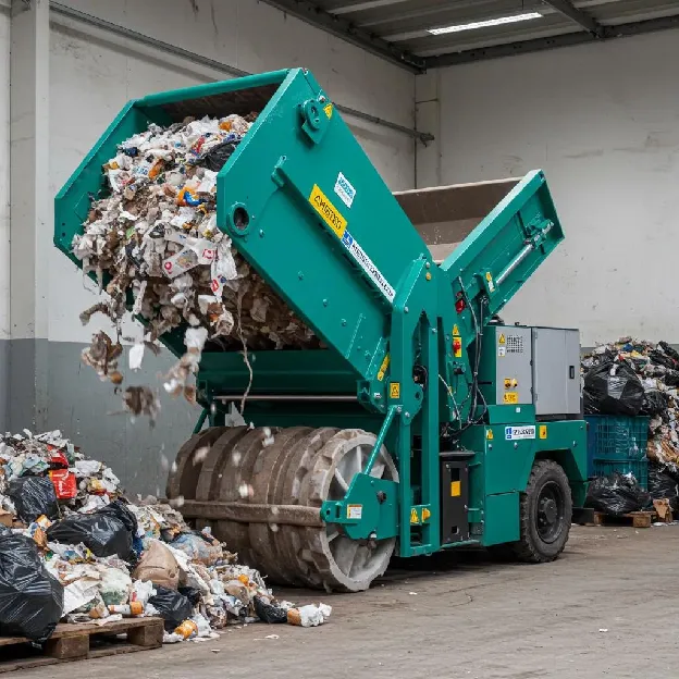 A commercial waste compactor actively compressing waste at a business location, demonstrating improved waste management efficiency