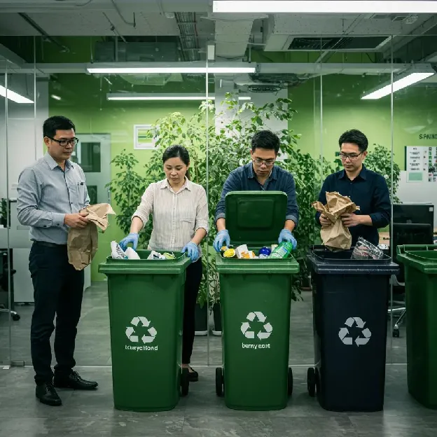 Employees engaged in recycling and composting activities in a sustainable business environment