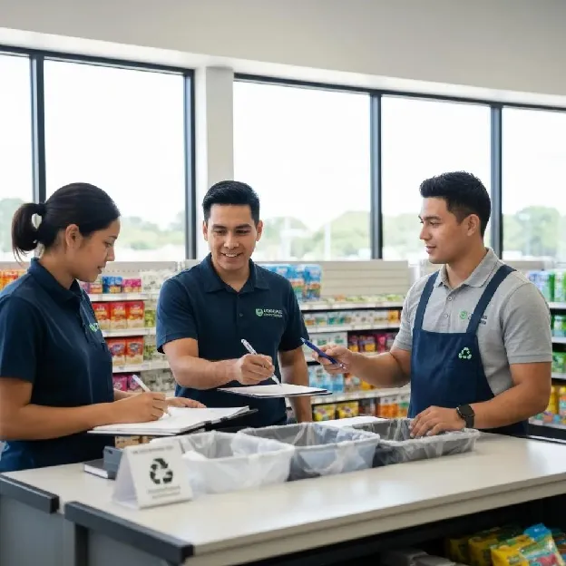 Team conducting a waste audit, categorizing materials in a sustainable workspace