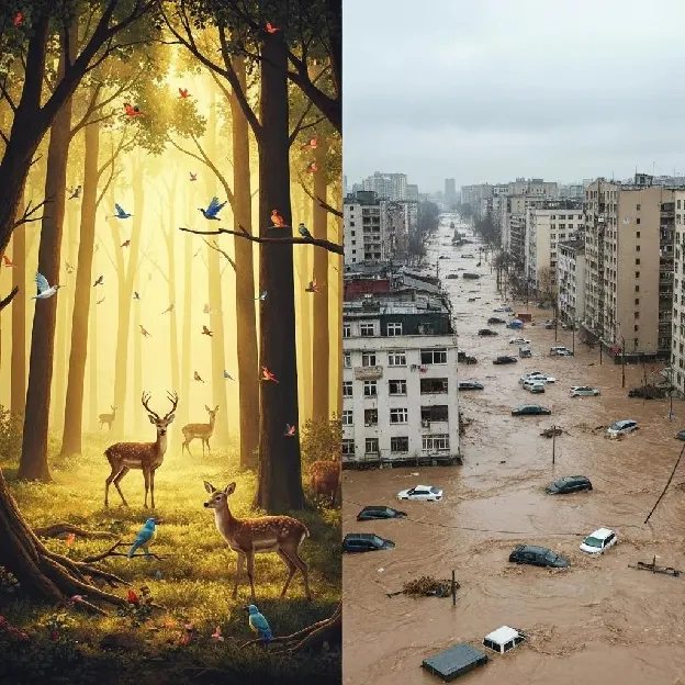 Contrasting landscapes showing renewable energy sources in a clean environment versus pollution from non-renewable resources