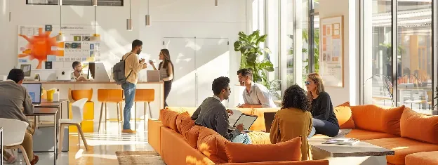 a polished office space is filled with enthusiastic team members engaged in a vibrant brainstorming session, surrounded by informative charts and recycling bins, highlighting the dynamic planning and collaboration needed for effective community recycling programs.