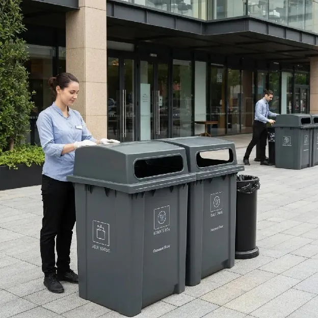 A large capacity outdoor waste bin is shown in a commercial setting, with staff members efficiently managing waste disposal around it.