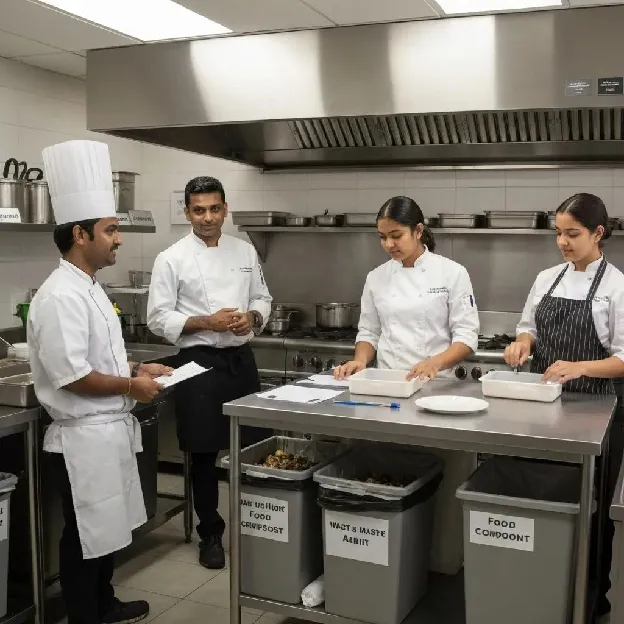 Hotel kitchen staff conducting a waste audit to implement sustainable waste management practices