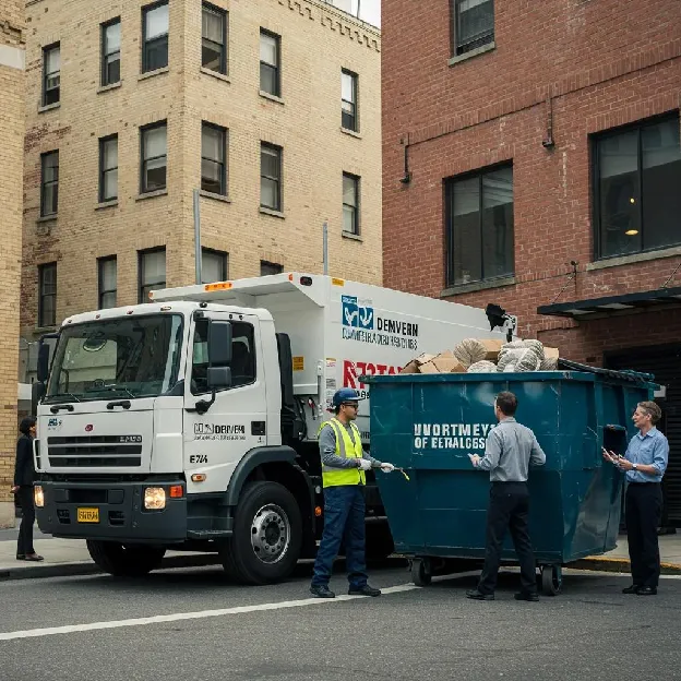 Delivery of a commercial dumpster rental to a business location, highlighting convenience and efficiency