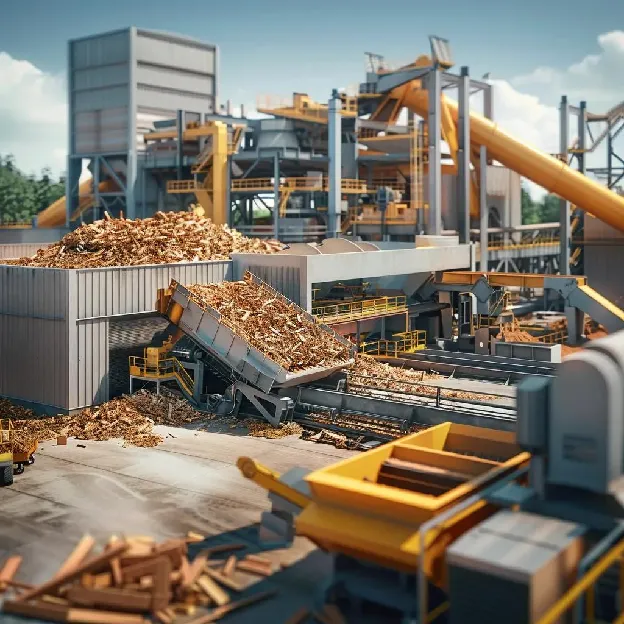 Advanced wood recycling technologies in a modern facility showcasing shredders and AI sorting systems