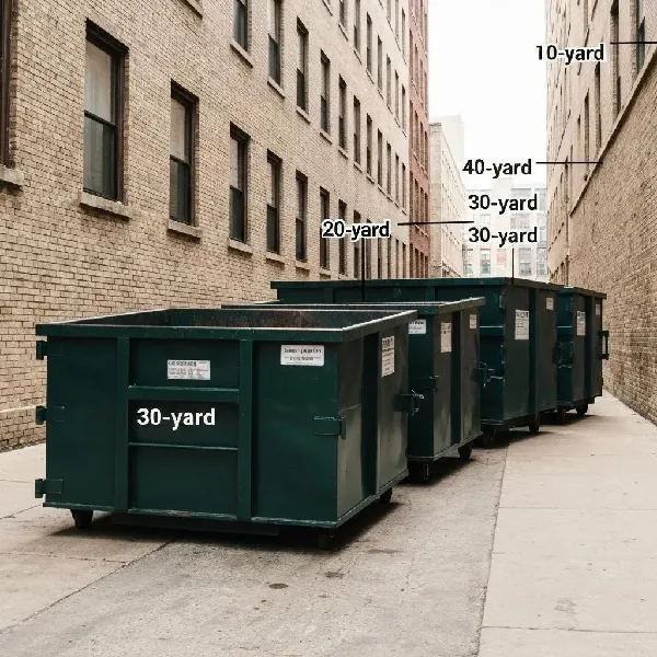 Various sizes of commercial dumpsters lined up in a Chicago alley, showcasing rental options