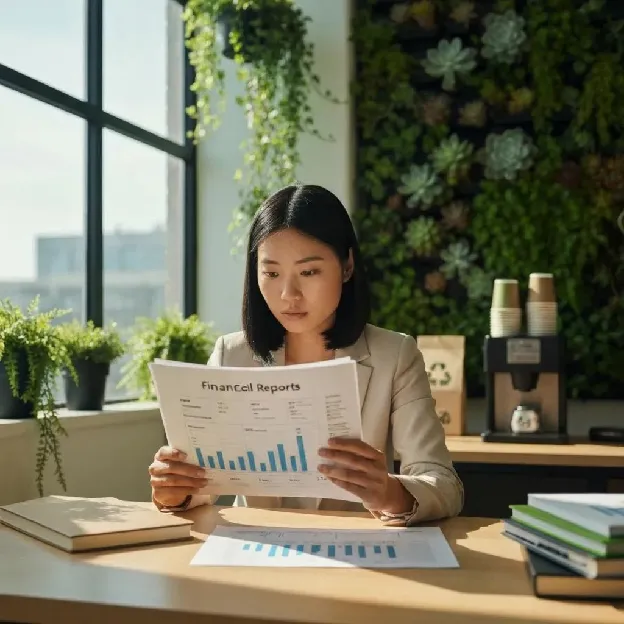 Small business owner analyzing financial reports with a focus on sustainability metrics