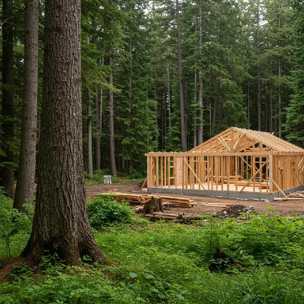 Lush forest scene contrasted with a construction site utilizing reclaimed wood, emphasizing environmental advantages