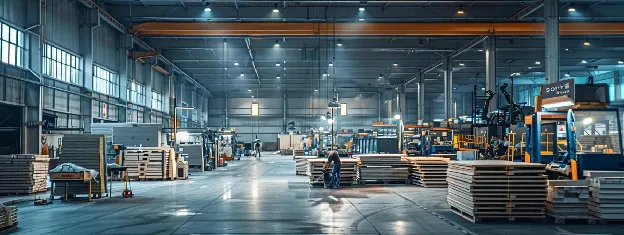 a sleek modern workshop bustling with activity, showcasing workers processing recycled wood into engineered panels, with machinery and stacks of raw materials under bright, focused industrial lighting.