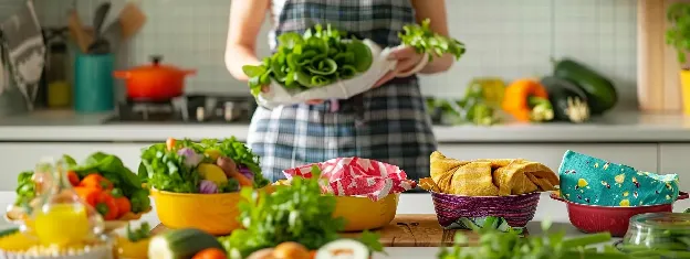 a vibrant kitchen scene showcases a person placing eco-friendly food storage options, such as colorful beeswax wraps and fabric bowl covers, alongside fresh groceries in minimalist packaging, emphasizing a sustainable approach to reducing plastic waste.
