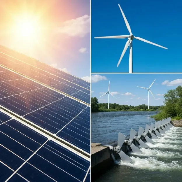 Close-up of solar panels, wind turbines, and a river illustrating the characteristics of renewable resources