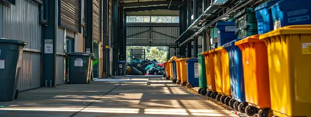 a modern urban waste management facility showcases clearly labeled bins for various types of waste, with diligent workers educating residents on effective waste diversion practices in a well-organized and vibrant setting.