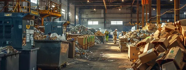 an organized wood collection facility with dedicated drop-off centers and digital tracking displays, showcasing workers actively engaging in efficient waste segregation amidst vibrant signage promoting recycling sustainability.