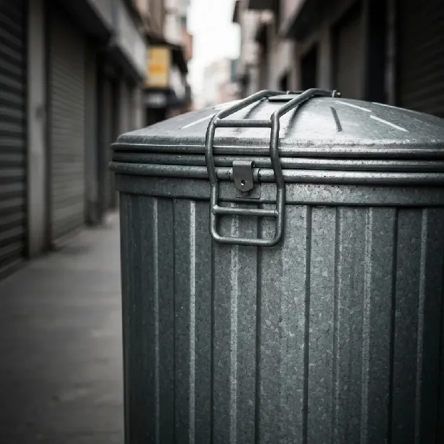 A close-up view of a durable metal commercial waste container, emphasizing its robust construction and security features.