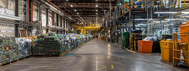 a vibrant urban recycling facility showcases a diverse array of neatly organized materials, including colorful plastics, shining metals, and clear glass, all set against a backdrop of modern machinery under bright, industrial lighting.