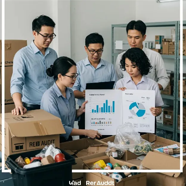 A team conducting a waste audit, analyzing waste streams in a commercial environment