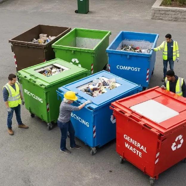 Eco-friendly waste management practices featuring organized dumpster rentals and active waste segregation