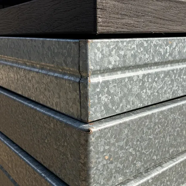 Close-up of heavy-duty materials like galvanized steel and recycled plastic lumber for outdoor trash receptacles