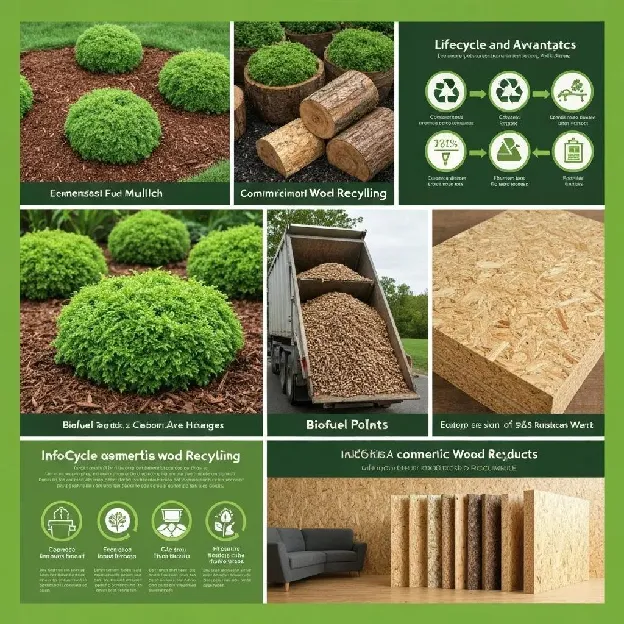 A visual representation of the advantages of commercial wood recycling, displaying various recycled wood products