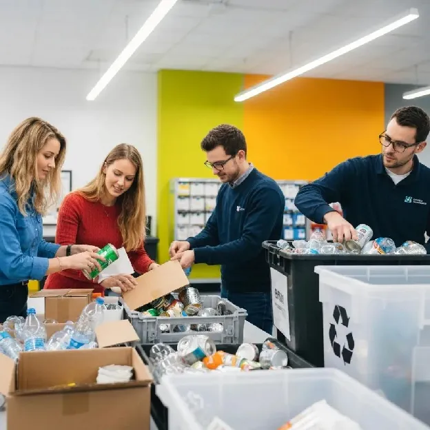 A team conducting a waste audit in a commercial setting, emphasizing collaboration and efficiency