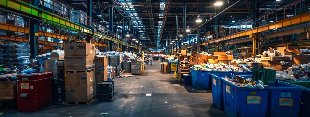 a vibrant urban recycling center, bustling with residents actively separating materials like cardboard, plastics, and electronics into designated bins, all under the bright glow of industrial overhead lights.
