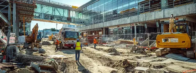 a modern construction site bustling with activity features workers implementing advanced sustainable waste management solutions, surrounded by banners promoting eco-friendly practices in a sleek urban environment.