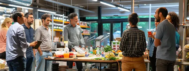 a dynamic community workshop in a modern urban setting, where engaged participants gather around a table filled with sustainable resources and materials, actively discussing innovative solutions to reduce plastic waste at home, illuminated by bright overhead lights that emphasize a collaborative spirit.