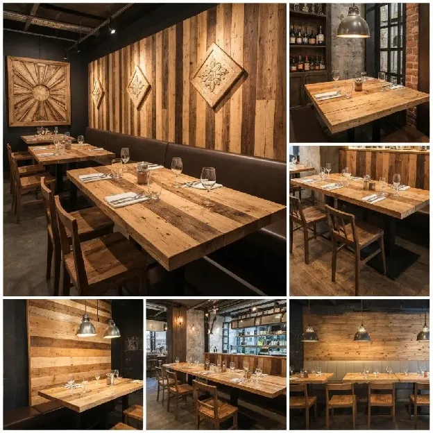 Inviting restaurant interior showcasing imaginative applications of reclaimed wood in its design