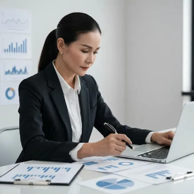 A business professional reviewing waste management expenses on a laptop with supporting documents