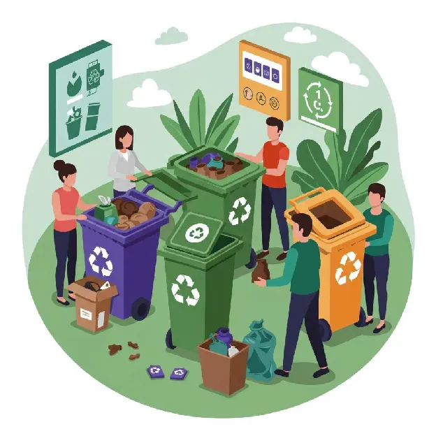 Staff members sorting waste into recycling bins at a commercial facility, demonstrating effective sustainable waste management practices