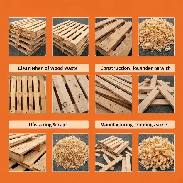 A diverse assortment of commercial wood waste, featuring wooden pallets and construction lumber