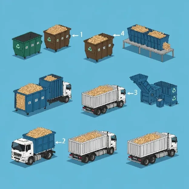 Visual guide to the wood furniture recycling process: collection, sorting, shredding, and transportation