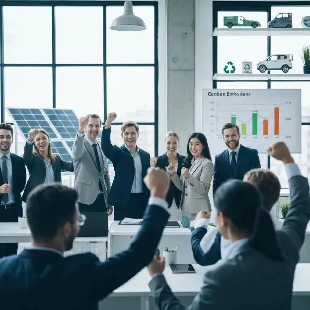 Business team celebrating carbon footprint reduction achievements with eco-friendly products