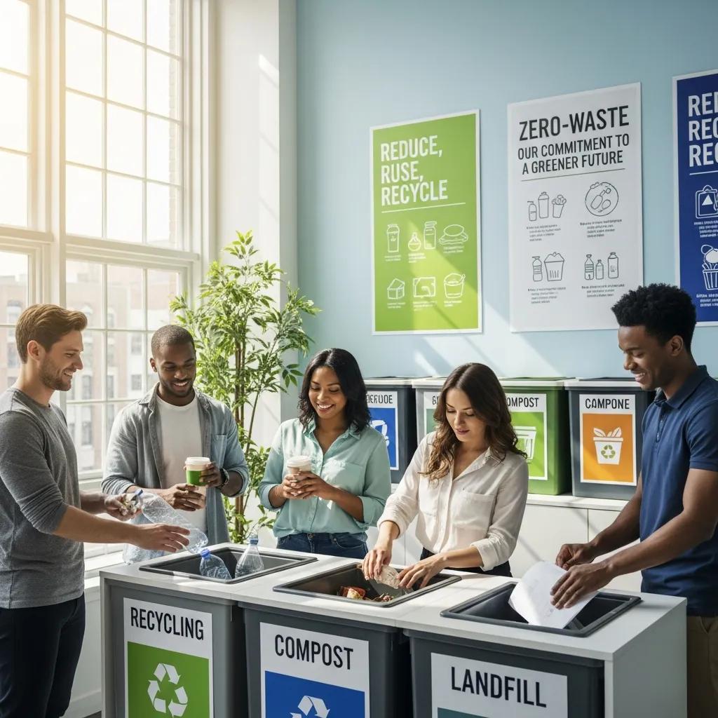 Employees sorting recyclables and compost as part of a workplace zero‑waste initiative