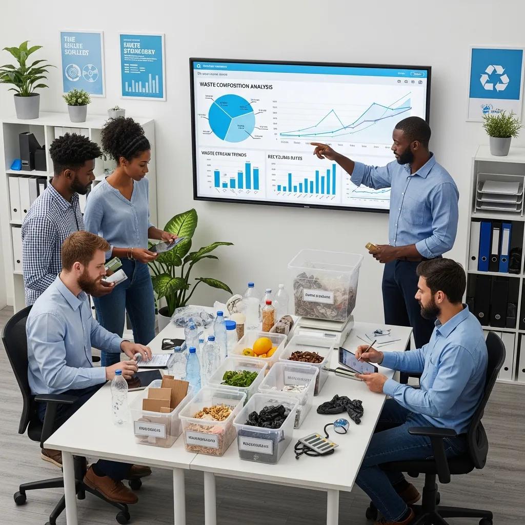 Professionals conducting a waste audit in a modern office environment
