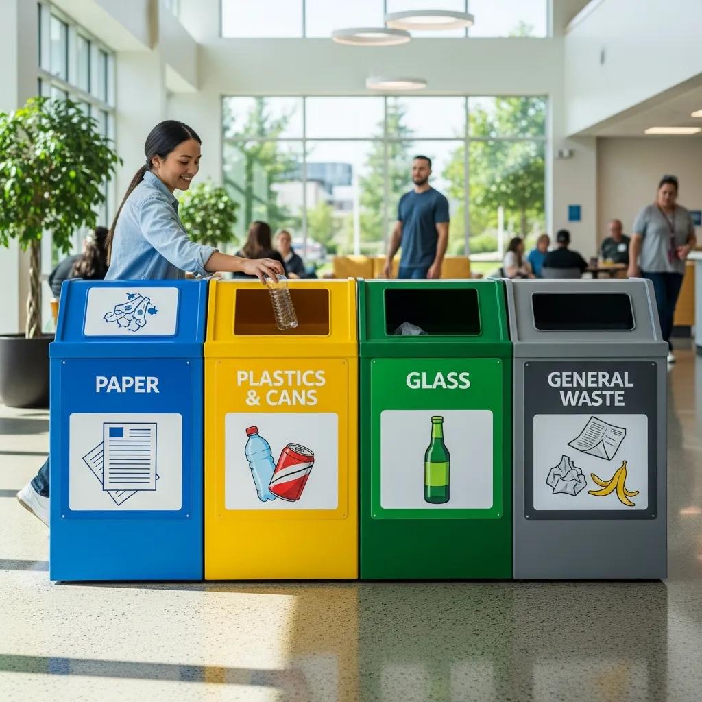 Standardized recycling bins with clear signage in a public space